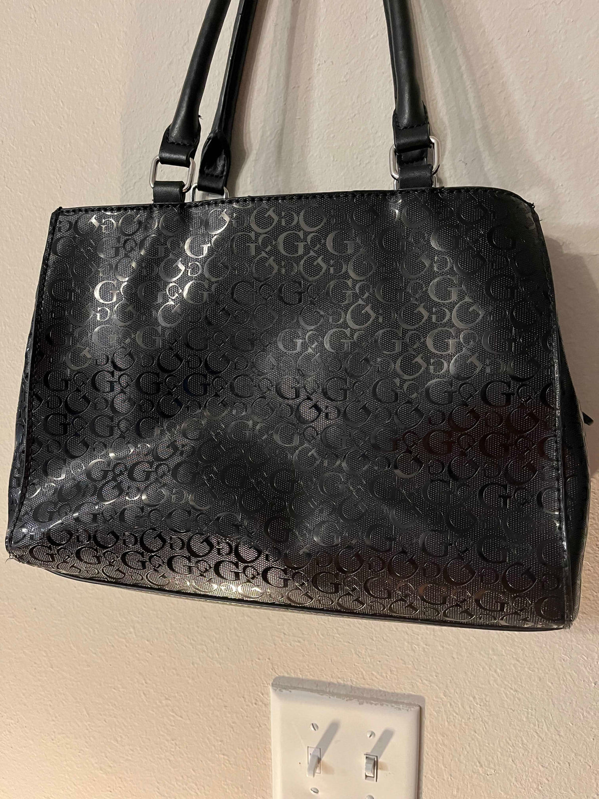 GUESS Women's Black Glossy Patent Logo Quilted Tote Bag Handbag Purse- SaveEZ