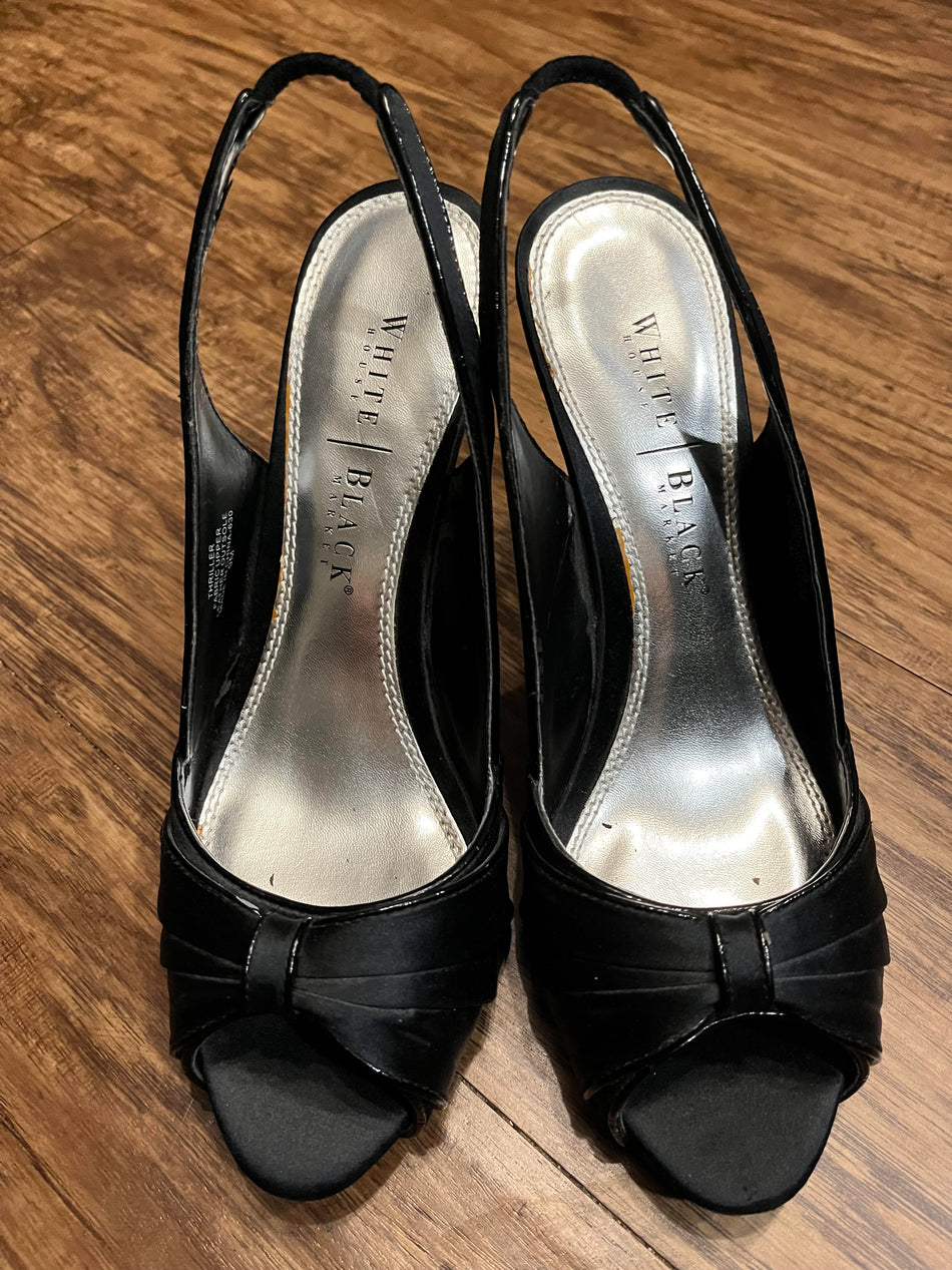 White House Black Market SZ 9M  Black satin fabric peep toe pump