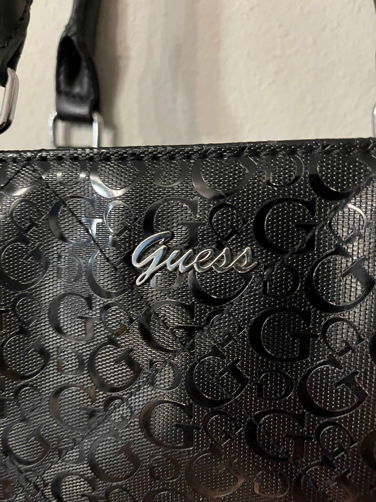 GUESS Women's Black Glossy Patent Logo Quilted Tote Bag Handbag Purse- SaveEZ