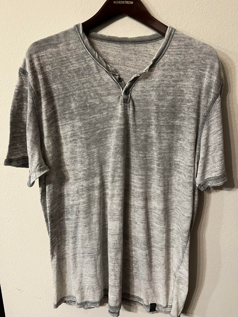 Lucky Brand Venice Burnout Button Notch Gray Fade T Shirt -SaveEZ